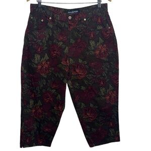 Vintage Halston Jeanswear Maroon Floral Ankle Length Jeans Women Size 14